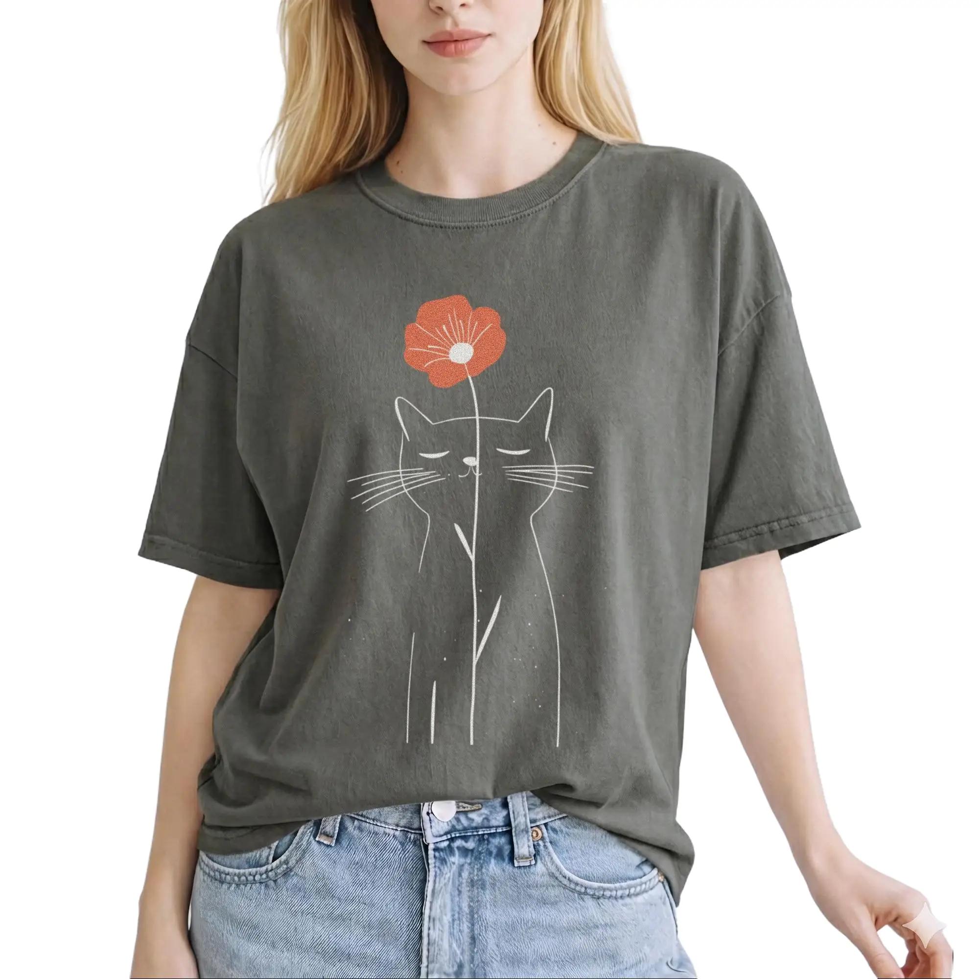 Comfort Colors Minimalist Cat Flower Shirt Cute Cat Lover Gift for Her Floral Line Art Tee
