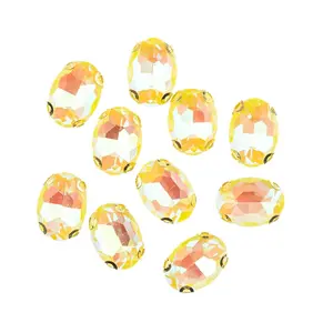 Crystal Lane Neon Yellow AB Rhinestones 20pcs Sew On 10x14mm with Gold Setting for DIY Craft Projects