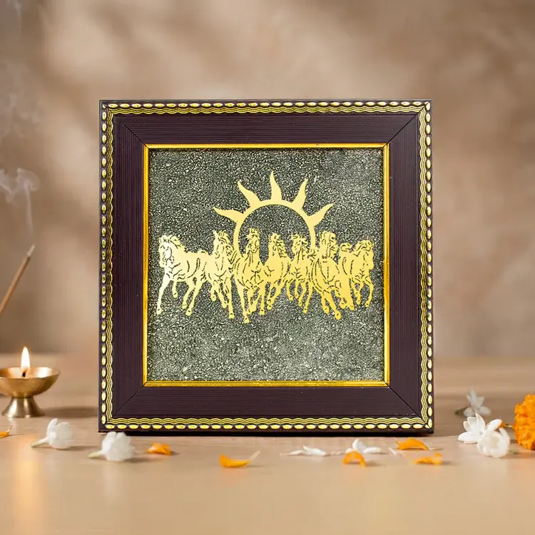 Astrotalk Wealth & Success Feng Shui 7 Horses Raw Pyrite Frame | Pyrite Crystal Base for Prosperity and Unstoppable Growth | Unique Home Decor Items | Living Room Wall Decor | Entryway Decor | Perfect Gift for New Beginnings