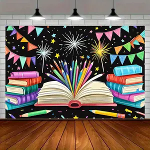 Modern Farmhouse Open Book & Vibrant Colored Pencils Party Banner, 1pc Amber Glow Polyester Wall Decor Backdrop, Party Decoration Supplies for Birthday Ornaments