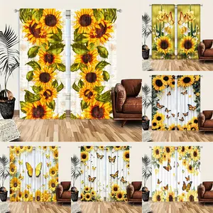 2-piece rural sunflower printed curtain -2D pattern design, semi transparent fabric, suitable for bedroom or living room decoration, sunflower decoration