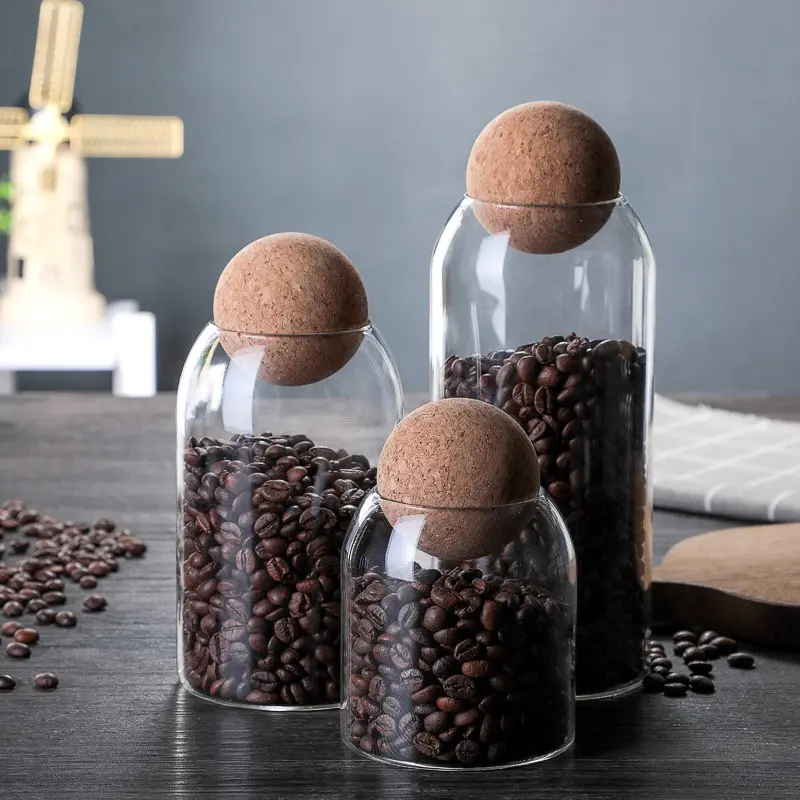 3 Pcs Glass Jars with Cork Ball Lid Set Kitchen Food Terrarium Airtight Clear Storage Canisters with Wooden Lids for Cookie Candy Coffee Bean Spice Sugar Rice Container Utensils meal prep containers