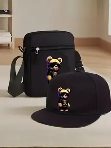 Hip Hop Bear Design Gender Neutral Baseball Cap and Crossbody Bag Set, Street Fashion Adjustable Hat and Shoulder Bag for All Seasons, Gift for Yourself or Friends, Crossbody Messenger Bag
