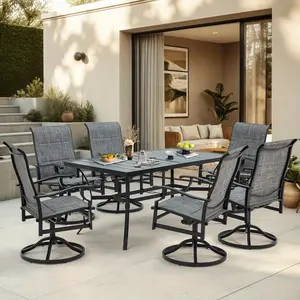 7-Piece PE Rattan Outdoor Dining Set, Patio Table Set with 6 Chairs, Patio Furniture for Indoor/Outdoor Backyard, Poolside & Porch, Brown/Gray