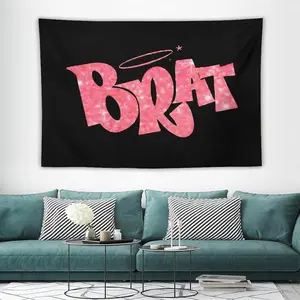 Brat Pink Glitter Print Tapestry - Funny Aesthetic Wall Hanging with "BRAT" Design in Pink & White, Black Background, Perfect for Bedroom, Living Room, Dorm Decor, Party Backdrop, or Home Decoration, Aesthetic Decoration | Glitter Text Decor