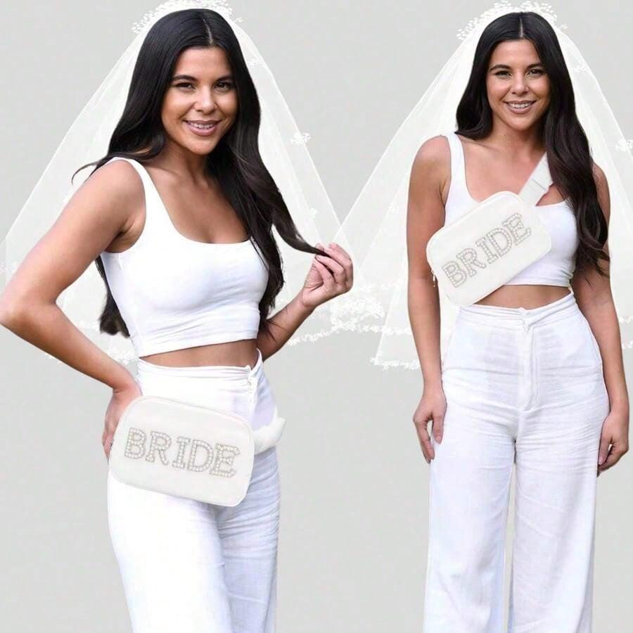 Bride Gifts, Bachelorette Gifts Bride Fanny Pack, Bride To Be Gifts Wedding Day Bachelorette Party Engagement Honeymoon, Pearl Bride Belt Bag White