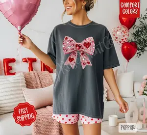 Faux Rhinestone Heart Bow Shirt Comfort Colors, Trendy Women's Valentine's Day Tshirt