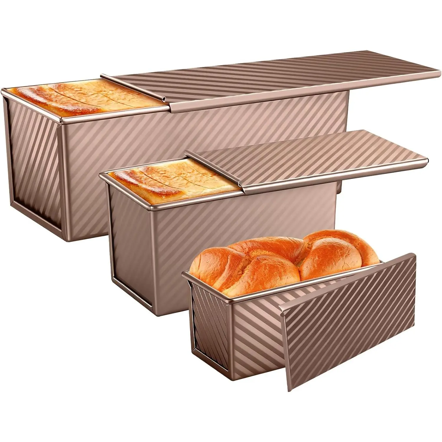 3 Pack Pullman Loaf Pans with , 2.2LB 1LB 0.5LB Bread Pans, Non-stick Carbon Steel Bread Pans for Homemade Sandwich and Baking Sourdough Bread, Corrugated Toast Mold, Golden