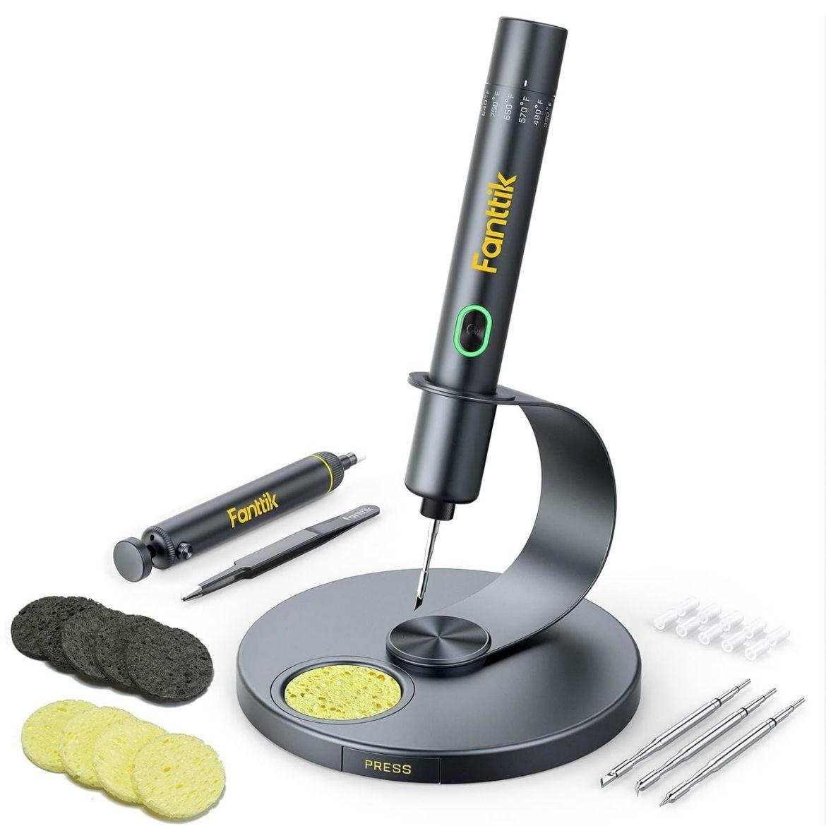 【FathersDayGift】Fanttik T1 Max Sturdy Cordless Soldering Iron - 7-Second Warm-Up, Auto Sleep, 4 Rapid Tips, DC/AC Compatible, Aluminum Storage Case, Heating Levels, Precision Tweezers, Solder Sucker, Reduced Waiting Time, Battery, Father’s Day Gift, Tools