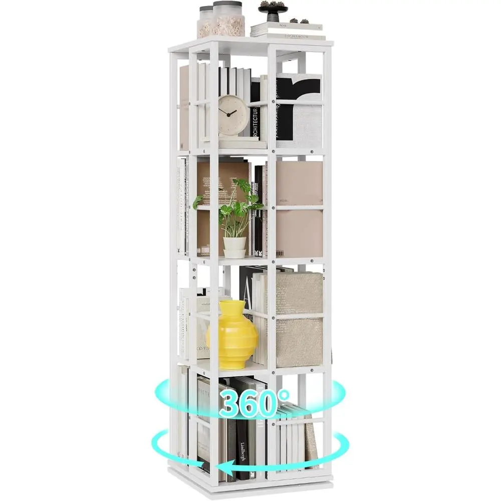 White Square 4-Tier 360° Rotating Contemporary Corner Shelf - Steel Frame Wooden Shelves, Stable Vertical Storage Organizer with Photo Display, Room Decor for Small Room Ideas, Book Nook, Collectibles