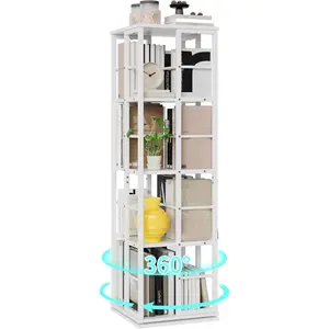 4-Tier Rotating Bookshelf for Small Spaces, 360° Spinning Bookcase with Corner Design, Wood Revolving Storage Organizer & Display Shelf for Living Room, Bedroom, Home Office (White).