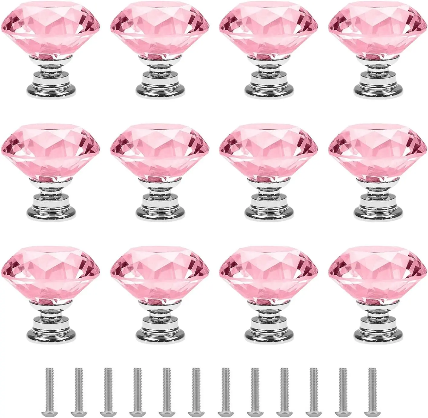 12 Pack 30mm Pink Crystal Drawer Knobs, Diamond Cabinet Knobs