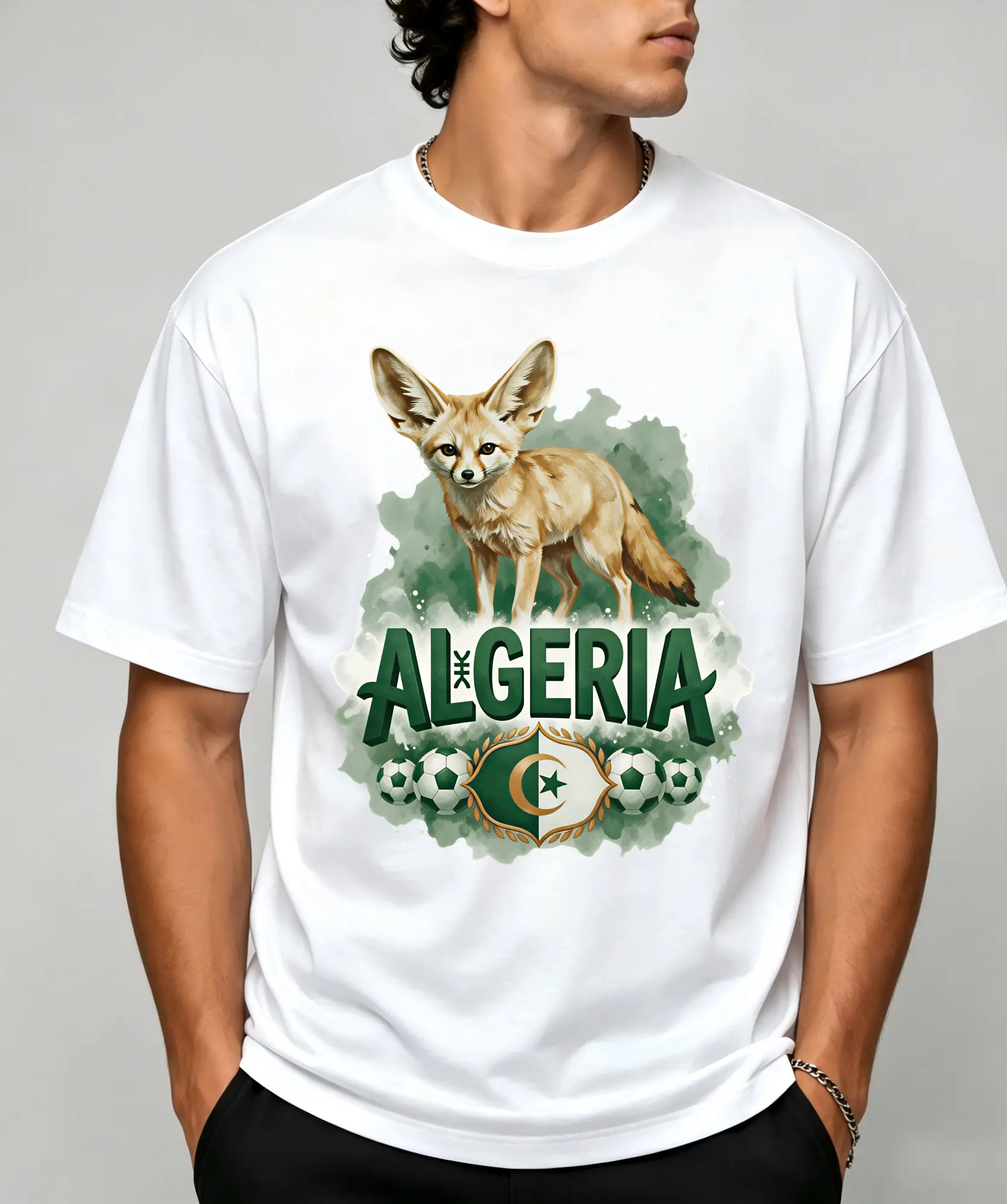 Funny Algeria Soccer Graphic Tee for Men Women, Good Graphic Tees, Cotton Tee Shirt, White Unisex Short Sleeve Shirt, Football Fennec Fox Art Print, Casual Summer, Graphic Streetwear T Shirt, Sports Lover, Everyday Outfit