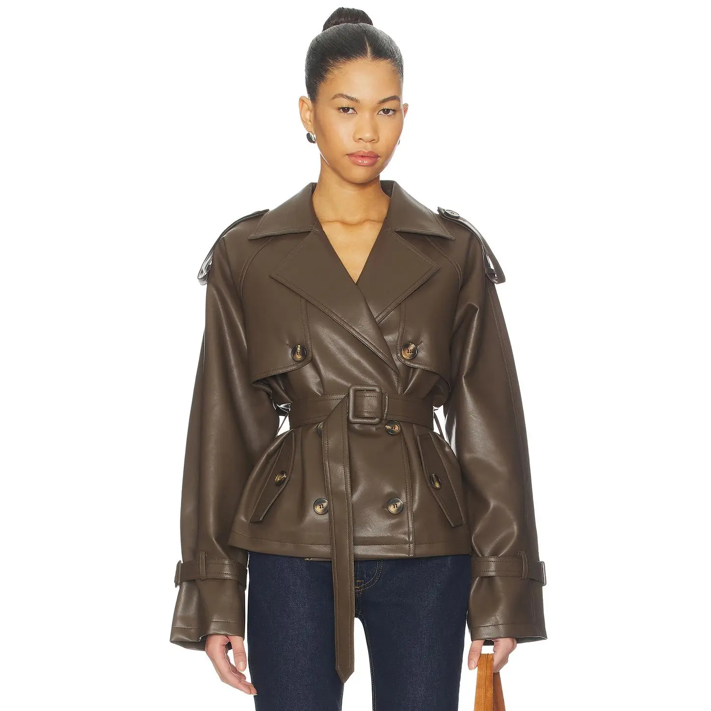 Women's Ahmeira Faux Leather Brown Jacket, Coats, Belt-Accented, Tops-Complementary, Durable Fabric, Functional Pockets