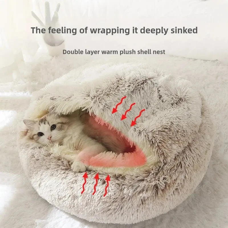 2-in-1 Plush Pet Bed with Hooded Shell – Warm & Cozy Cat and Dog Nest