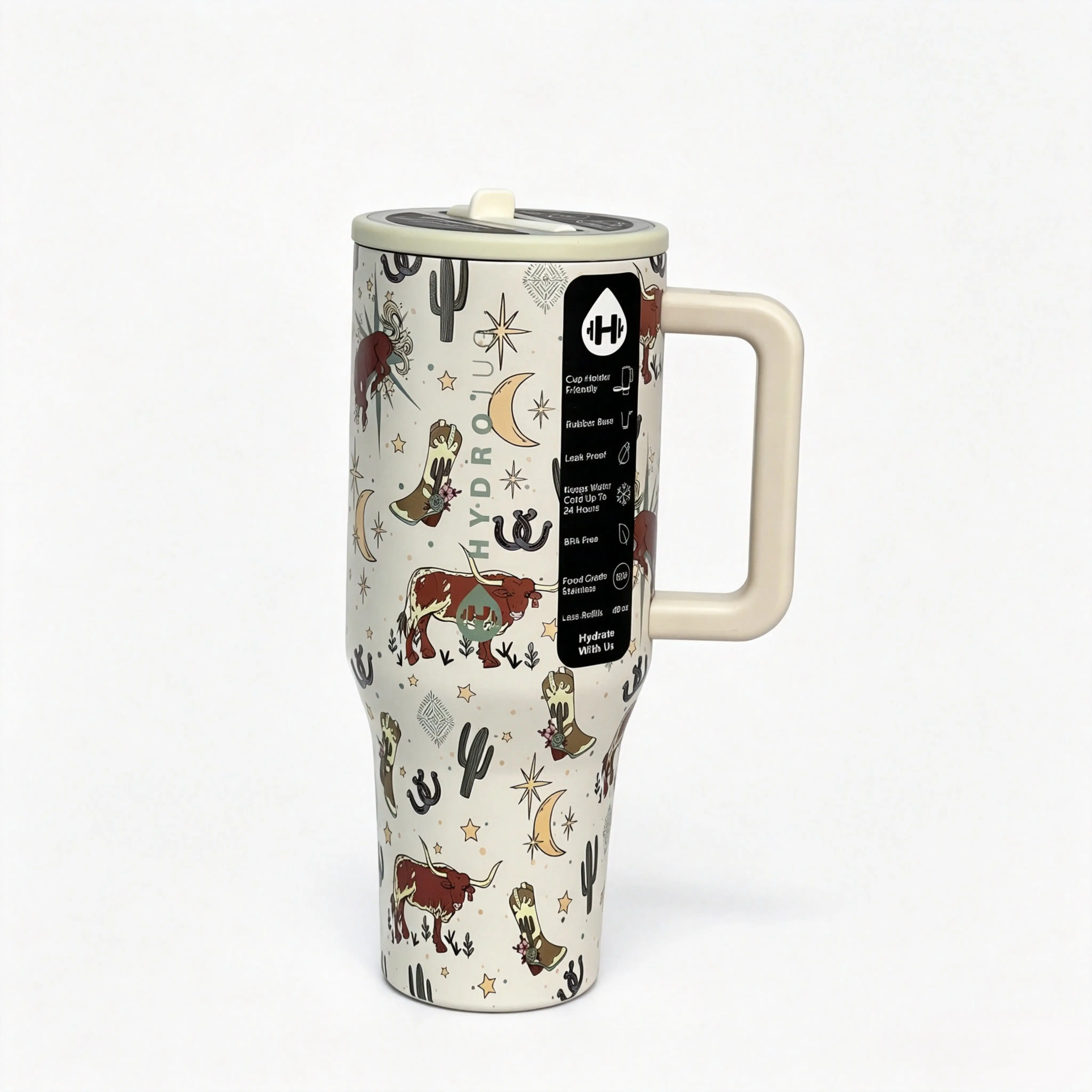 Hydrojug 40oz Stainless Steel Insulated  Tumbler - Western Cowboy Longhorn, Cactus, Cowboy Boot, Moon, Star Print Flask with Handle & Lid, Leakproof Country Aesthetic Reusable Thermal Cup for Car &  thermos regalo para ella drinkware portable 2-in-1 sip