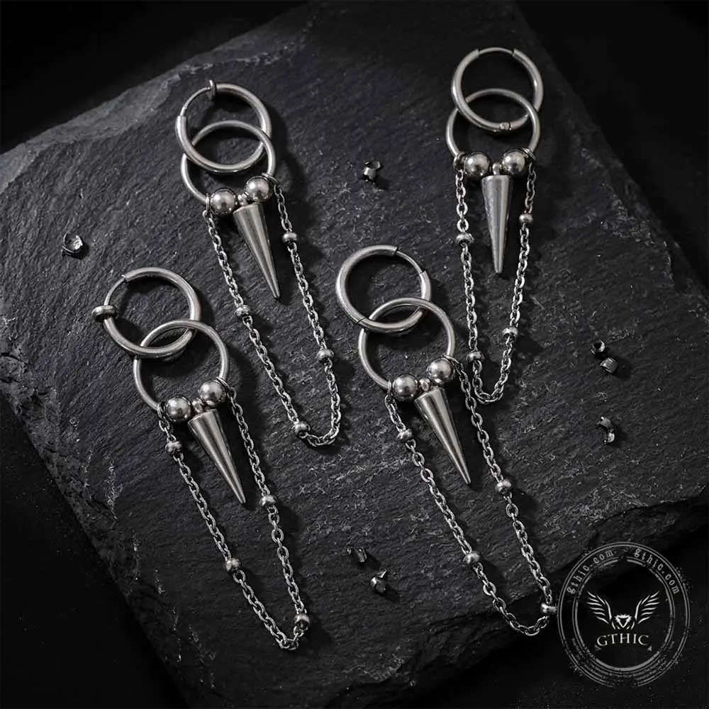 GTHIC Punk Stainless Steel Earrings with Conical Spikes & Tassel Details Edgy Gothic Unisex Ear Jewelry Rock Concerts & Street Punk Outfits