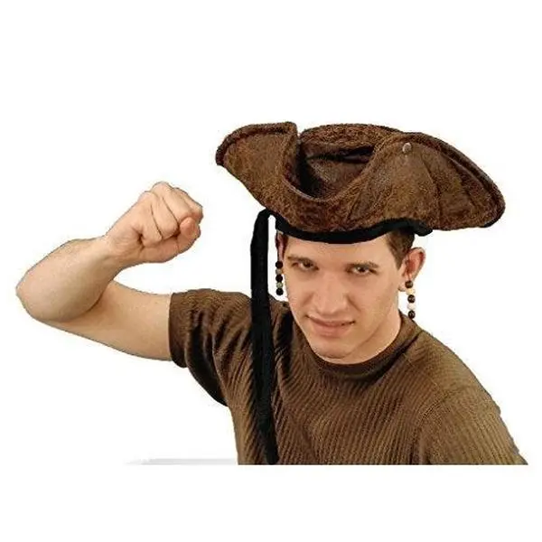 Brown Distressed Pirate Tricorn Hat - Beads - Costume Accessory - One Size