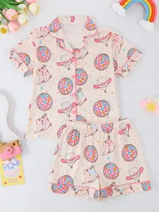 2-Piece Kids' Fire-Resistant Pajama Set, Short Sleeve Button Front, Cartoon Pattern, Loose-Fit, All Seasons, Boys & Girls