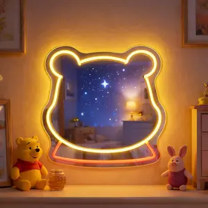 Cute Bear Neon Mirror LED Wall Light for Kids Room, Warm Glow Vanity Mirror Decor for Bedroom Nursery, Aesthetic Night Light Gift for Girls Boys