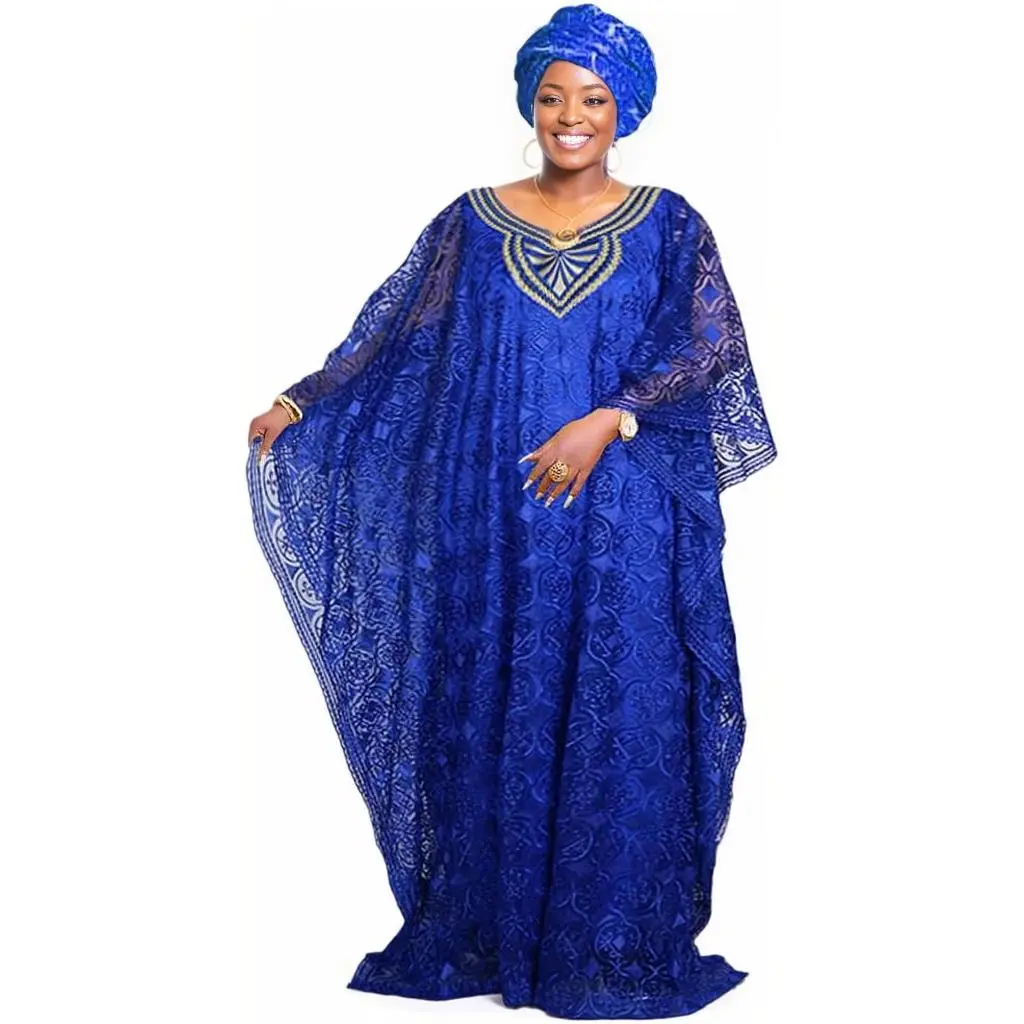 maxi dress HD Women's African Lace Kaftan Dress Embroidery V Neck Evening Party Gown One Size with Matching Headwrap Design Wedding Blue Yellow Options Formal Ladies summervibes Elegant maxi dress  birthday dress