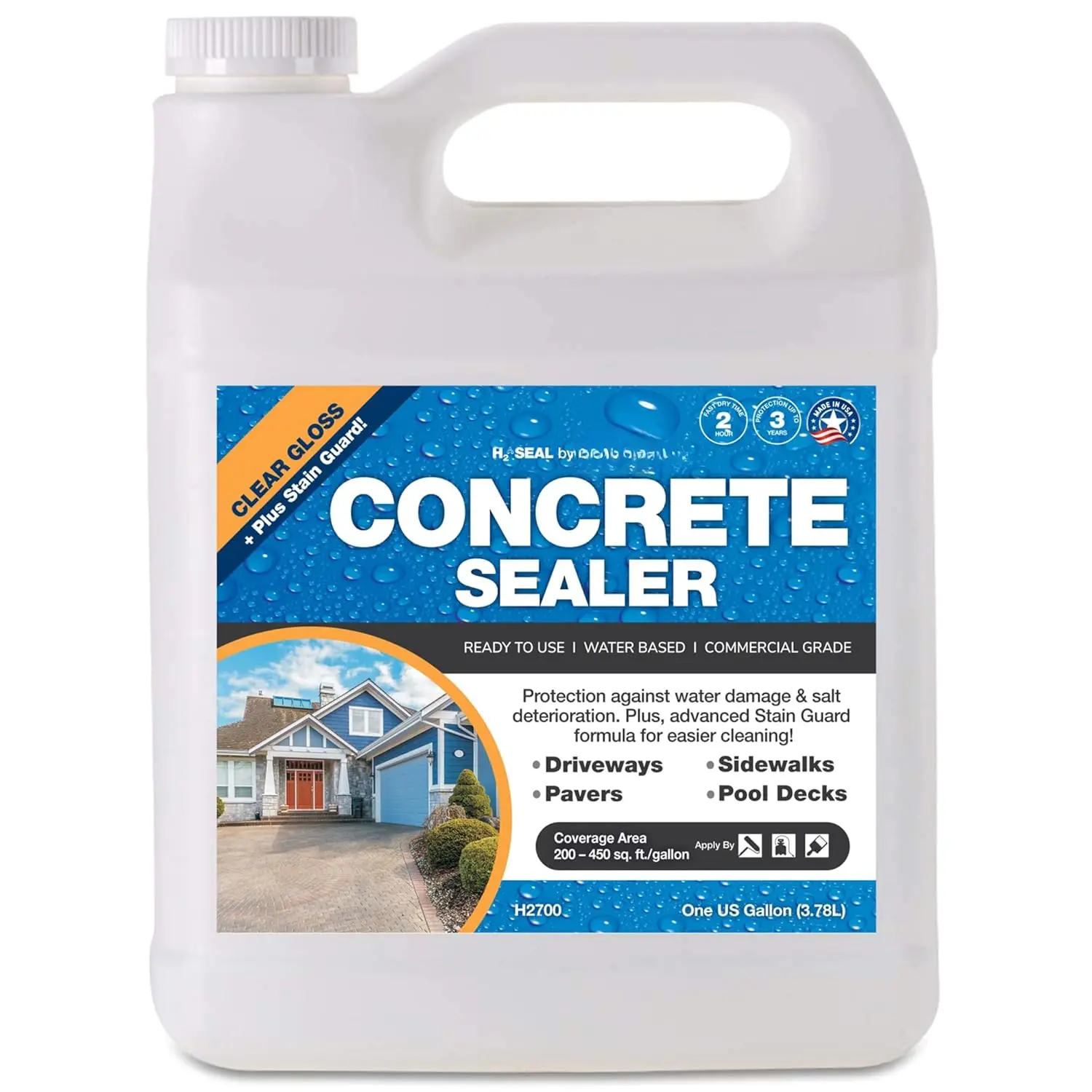Concrete Driveway Sealer Plus Stain Guard (Clear Gloss Finish) Commercial Grade Outdoor Indoor  Sealant Protects Pavers Sidewalks Pools (1 Gallon) H2700