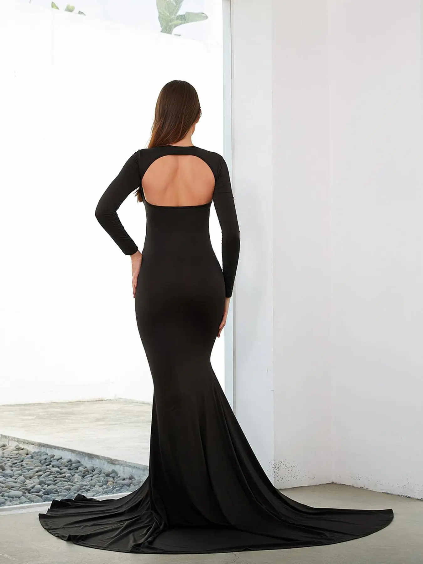 cut out backless square neck mermaid hem bodycon dress Maternity Solid Split Dress, Elegant Long Sleeve Maxi Gown Sleeveless Back cheap prom dresses Baby Blue Dresses - Color:Gunmetal