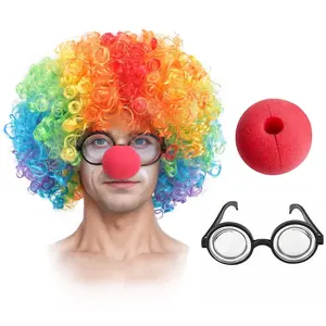 3 Piece Set Clown Nose Colorful Wigs, Halloween Magic Performance Cosplay Props, Funny Big Nose Wig for Costume Parties, Wavy Synthetic Hairpiece