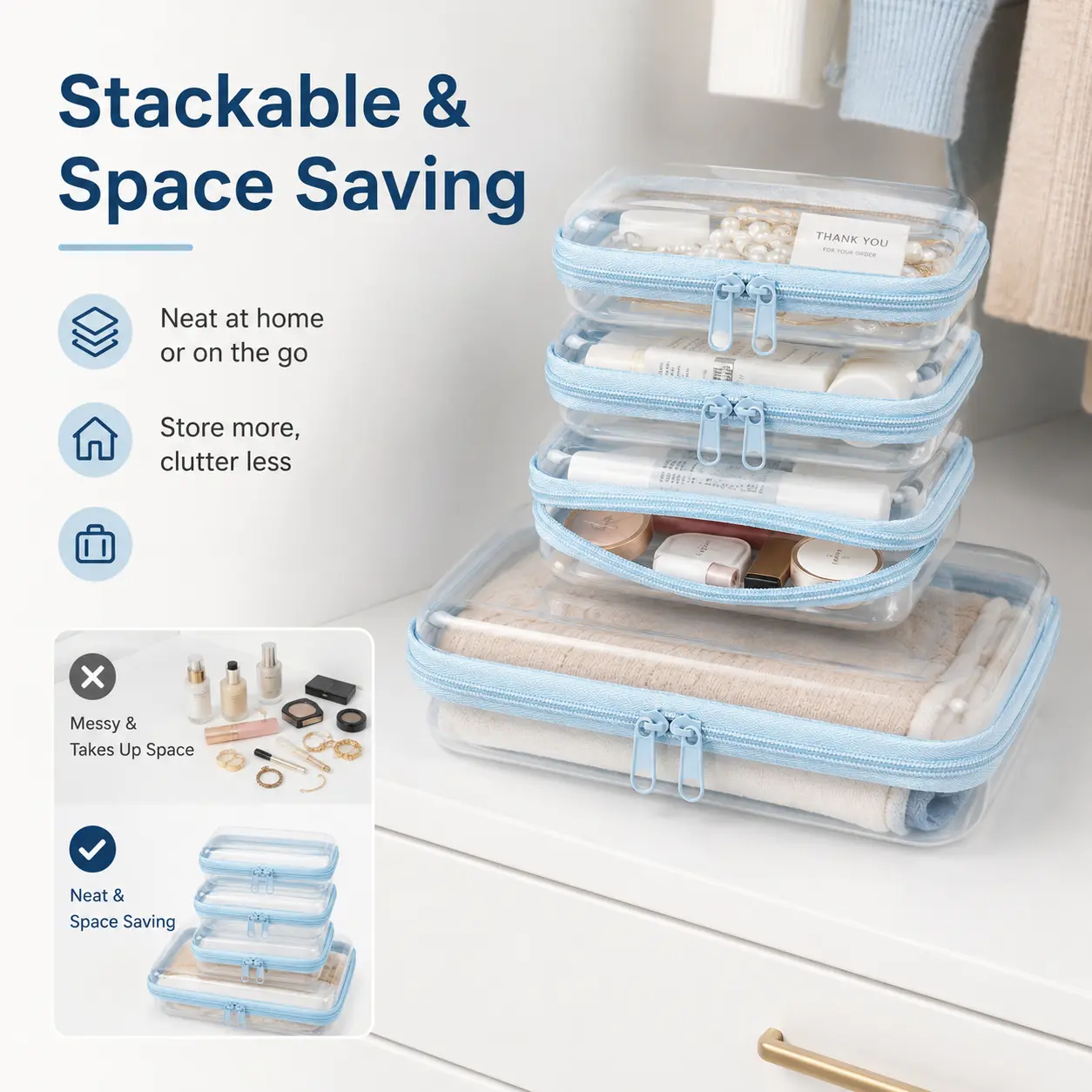4 Pcs Clear Storage Containers, 3 Small + 1 Large Thickened PVC Hard Shell Zipper Case Set, Portable Organizer for Bedroom, Bathroom, Travel, Makeup and Jewelry