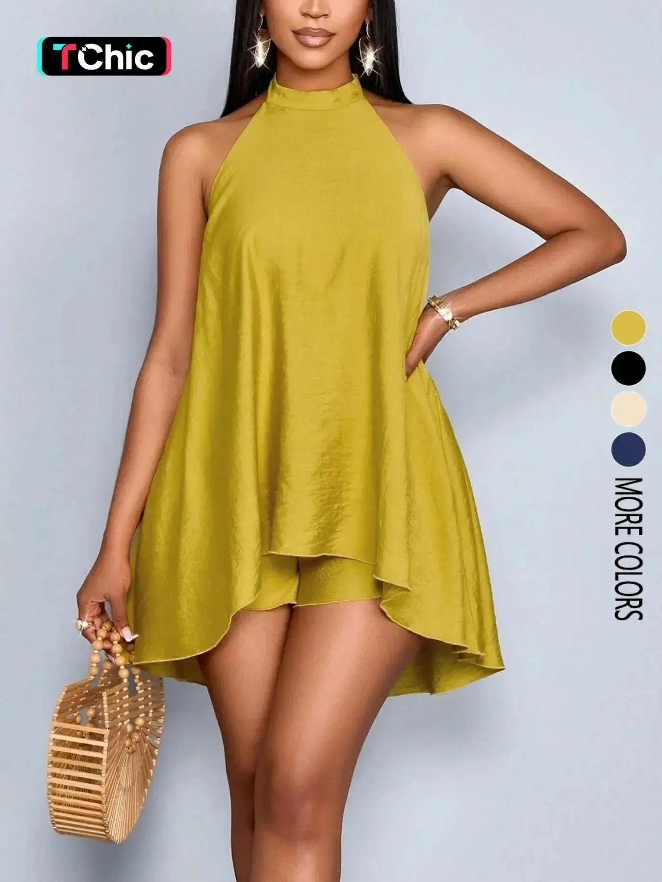 Women's Asymmetrical Hem Halter Neck Backless Top and Shorts Set, Loose Fit, Lightweight, Sleeveless, Casual Style, Suitable for All Seasons, Perfect for Commuting and Shopping