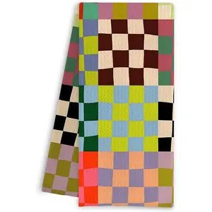 Colorful Checkered Hand Towels, Abstract Wavy Checkerboard Grid Decorative Towels for Kitchen Bathroom Gym  Bath, Checkered Kitchen Bathroom Decor, 16x24 Inch