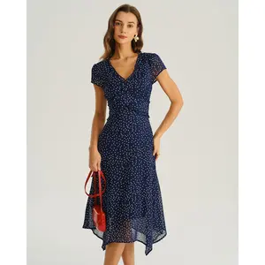 Rihoas Women's Navy Polka Dot Short-Sleeve Waisted Midi Dress - Soft Polyester-Chiffon Fabric, Cap-Accented, Strappy Fit, Elegant Evening Party Wear