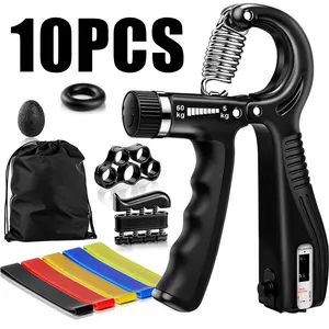 Grip Strength Training Set, featuring an adjustable hand grip and forearm strengthener, plus a finger stretcher, stress ball, finger rings, and 5 resistance bands, designed for grip strength enhancement