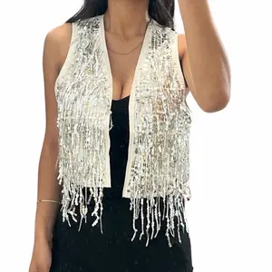 Shiny Vest Sequin Detail with Fringe - Elegant Women's Fashion Accessory