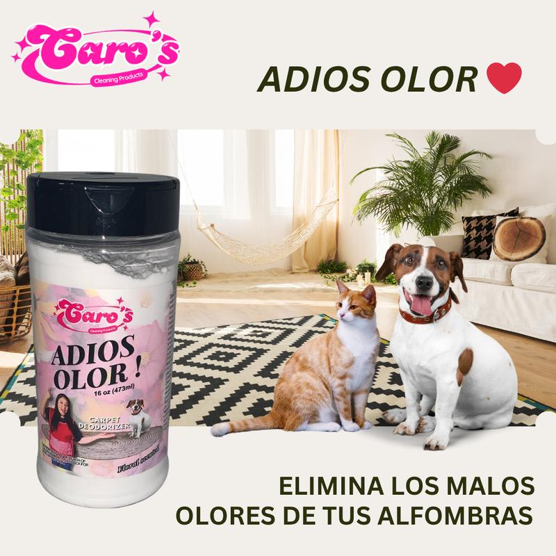 Caro's AdiosOlor Eliminator Odor Eliminator for Carpets - 16 oz Powder, Effective Odor Elimination, Bacteria Killer, Household Interior Cleaner