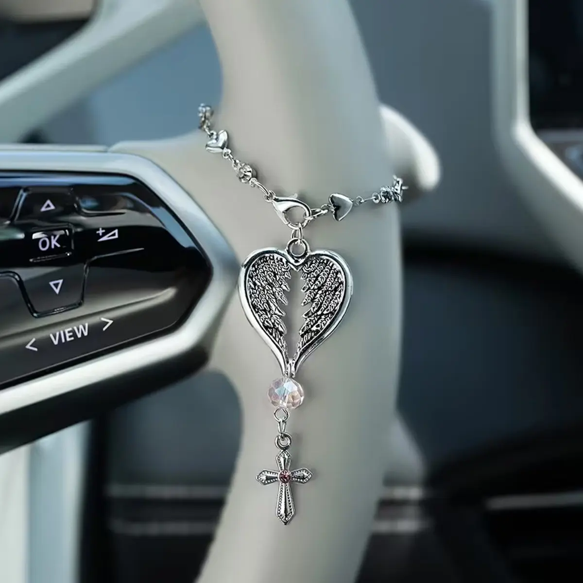 Retro Angel Feather Cross Car Accessory, Steering Wheel Pendant, Car Chain, Random Color and Style, Unique Automotive Decor, Car Interior Ornaments, Car Decorations