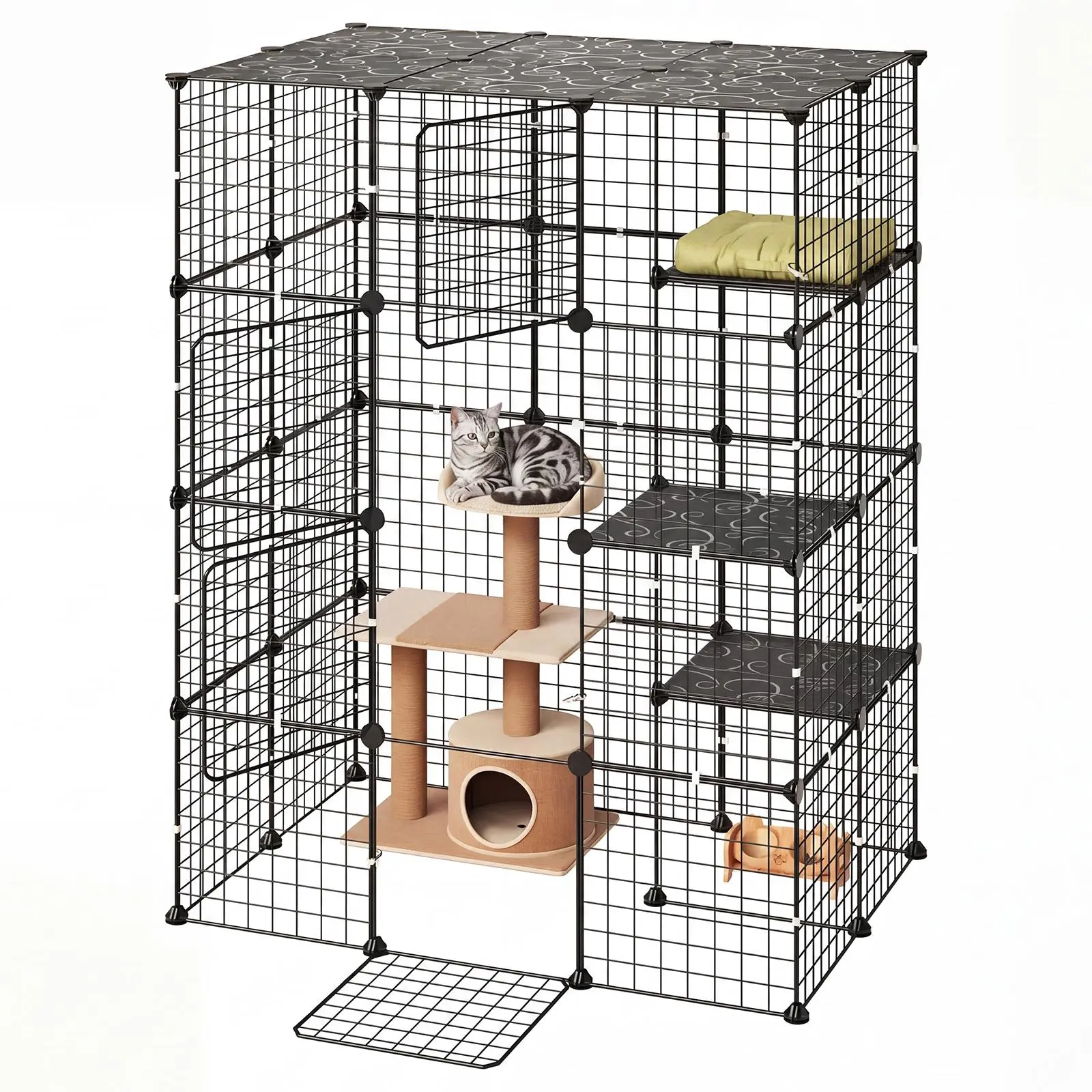 VEVOR 4-Tier Enclosed Steel Wire Cat Cage, 40.98"x27.99"x55" DIY Setup Vertical Grid Indoor Kennel Crate with 4 Detachable Doors, Large Black Exercise Area for 1-2 Cats,familyfun
