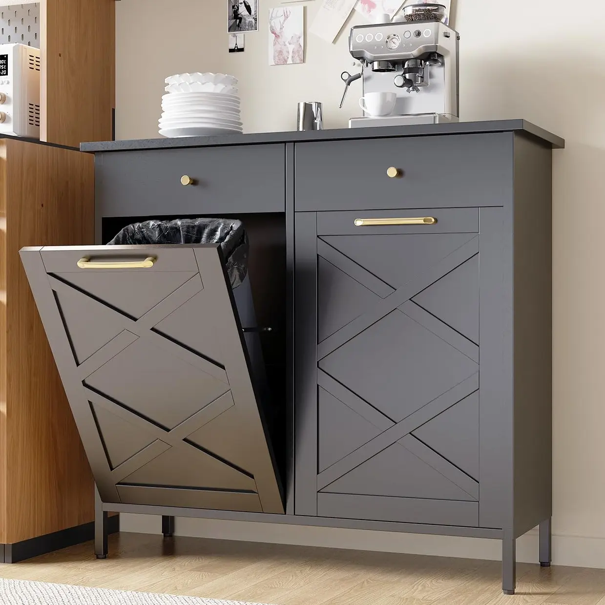 AECOJOY Double Tilt Out Trash Can Cabinet 20 Gallon Metal Dog Proof with 2 Drawers Wood Dresser Modern Minimalist Storage for Kitchen Farmhouse Laundry