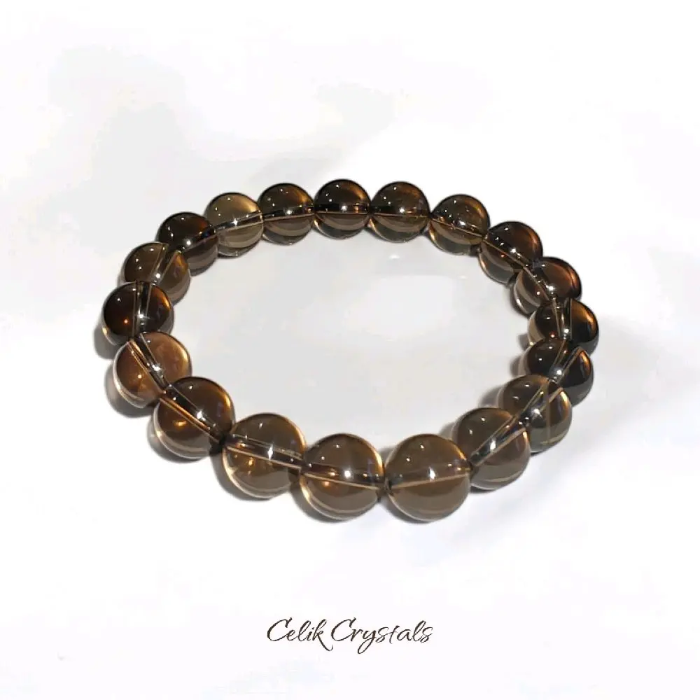Celik Crystals Smoky Quartz Bracelet, 10mm Natural Quartz Beads, Stretch Unisex Crystal Bracelet for Daily Use & Gifting