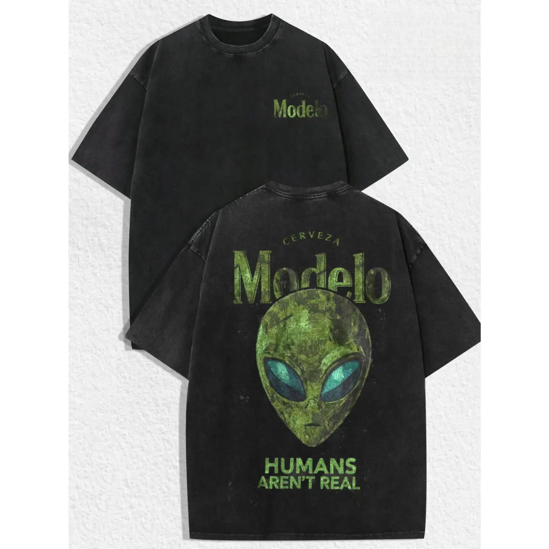 1 PCS Retro Washed Black Round Neck Short Sleeve T-Shirt Top, Front Mini "Modelo" Print, Back Alien Head "Humans Aren't Real" Graphic, Sci-Fi Streetwear Unisex Oversized Tee, Casual Hangouts, Guys Gifts for Sci-Fi Fans