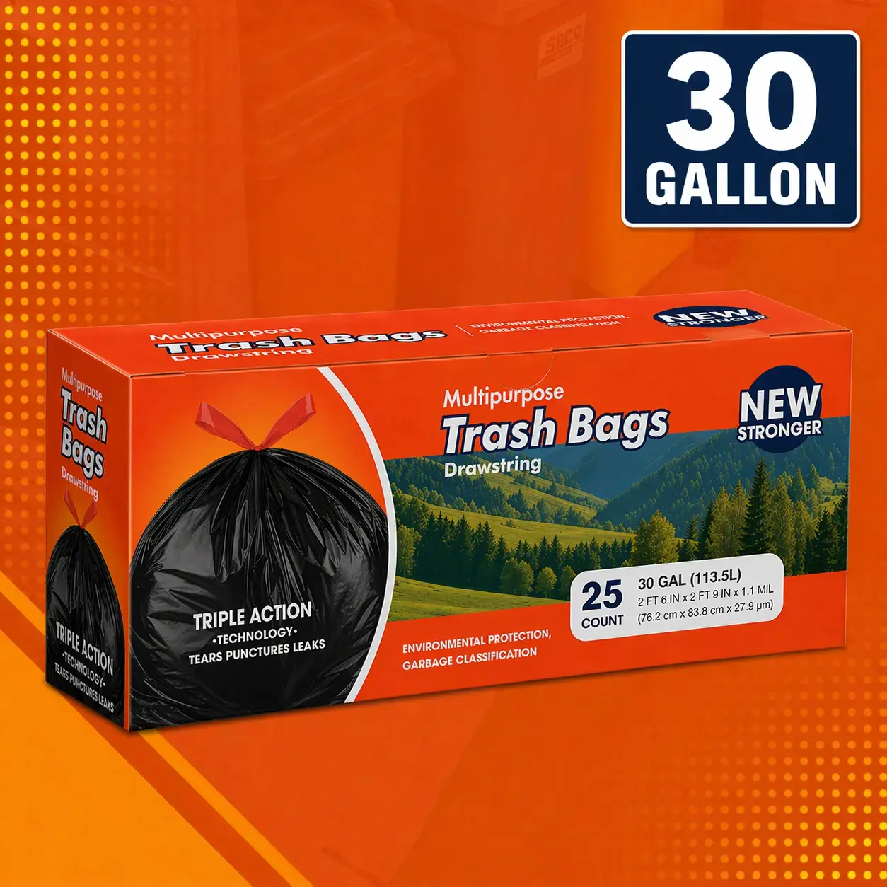 30 Gal (113.5L) Boxed Disposable Non-Tear Black Large Drawstring Trash Bags, Ultra-Strong, Leak-Proof, Easy-To-Use Garbage Bags for Large Kitchen Trash Cans, Household Items Home Multipurpose Cleaning Supplies, 30 Gallon