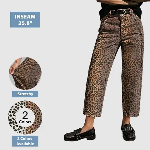 Flamingals Leopard Print Seam Detail Mid Rise Straight Leg Crop Pants Stretchy 25.8" Inseam