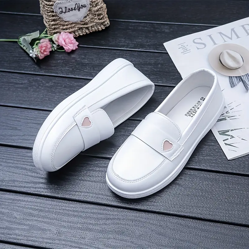 Women's Preppy Style Nurse Shoes - Breathable Flat Comfort Insoles Anti-Odor Non-Slip Durable Soft Sole Work Loafers with Heart Cut-Out Design - Man-Made & Fabric Materials, PVC Sole - For Nurses & Healthcare Professionals - All-Season Wear - Perfect Gift