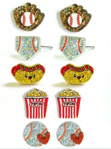 1 Set / 5 Pairs of Earrings Set – Sporty Cute Style, Simple Baseball Glove Design, Sparkling Game Day Vibe, for Women
