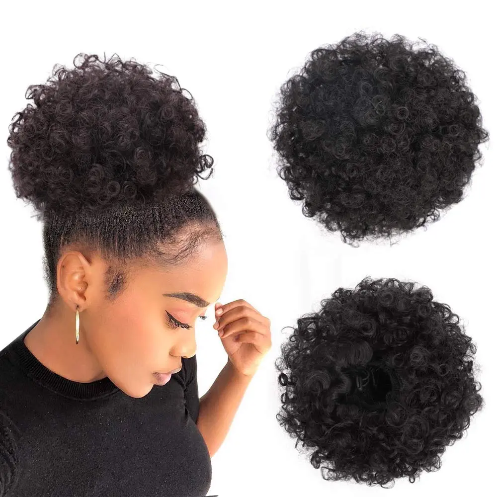 Human Hair Afro Puff Drawstring Ponytail, 1B Natural Black, Medium Size