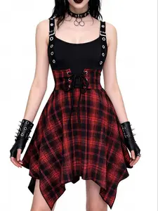 Gothic Style Plaid Check Patchwork Sleeveless Strap Slim Dress, Casual Streetwear, Back Elastic Ruched Waist, Summer Spring Fashion for Women