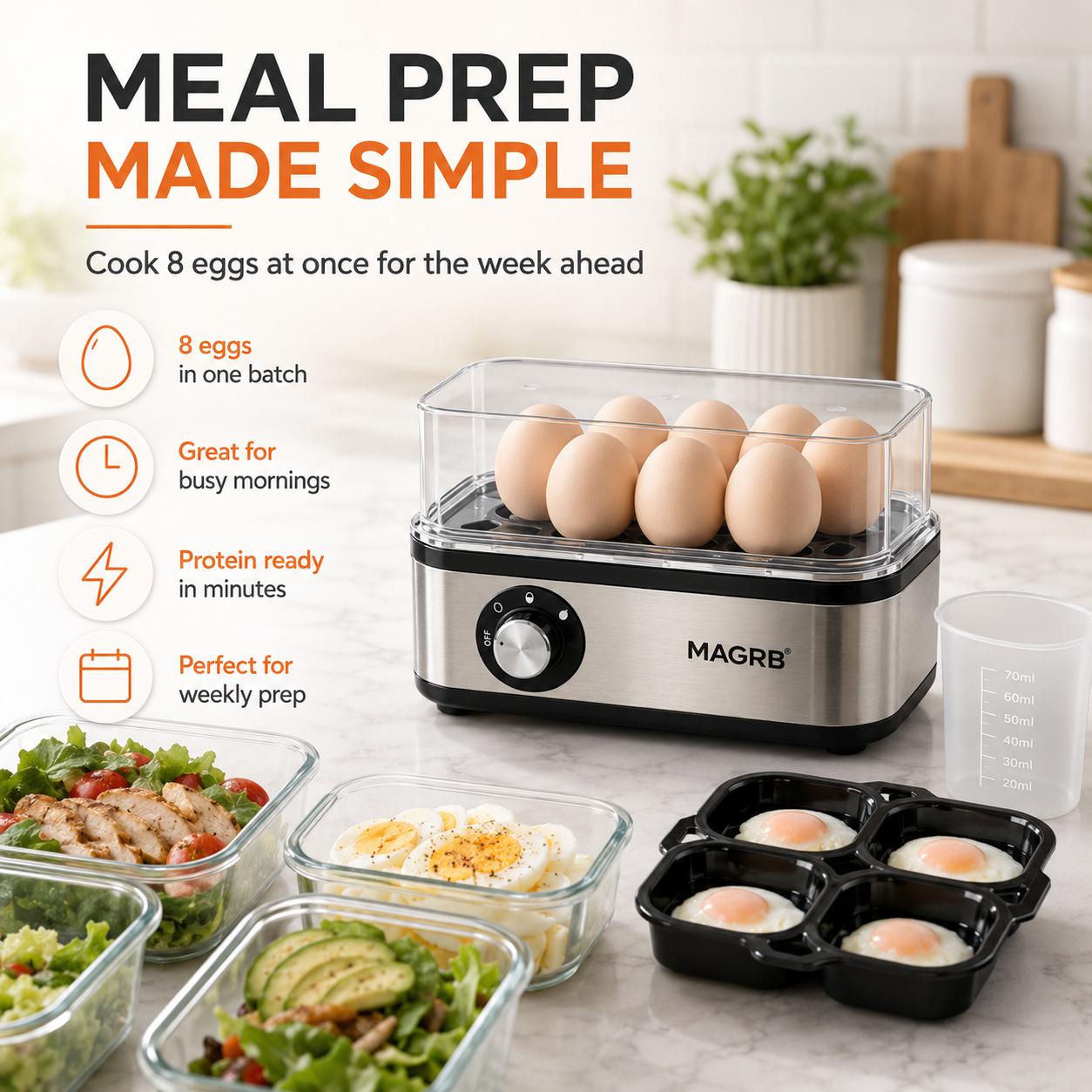 【DealsForYouDays】MAGRB Rapid Egg Cooker Electric 8 Egags Capacity, Soft, Medium, Hard Boiled, Poacher, Omelet Maker Egg Poacher With Auto Shut-Off, BPA Free