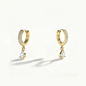Pear Teardrop CZ Drop Gold Huggie Dangle Earrings14K Gold Pave Hoop Top | Elegant Accessory for Wedding, Date Night & Bridal Outfits!