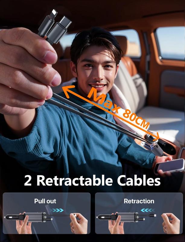 Starlight Retractable Car Charger with Car Aromatherapy Essential Oil Diffuser, Starlight in Car Roof 5 in 1 Fast, 2 Retractable Cables and USB C Car Charger Adapter, Compatible with iPhone 17