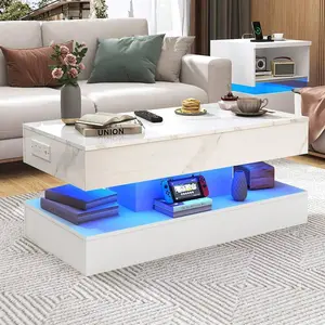 39.4"/47.2" Large Lift Top Coffee Table With Charging Station, LED Modern High Glossy Center Table With Hidden Compartment Storage, Lift Living Room Tables